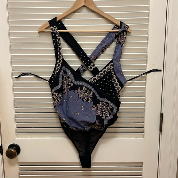 Free People Sweet Thing Mixed Print Cotton Bodysuit in Granite Combo,Size S, New - Picture 5 of 15